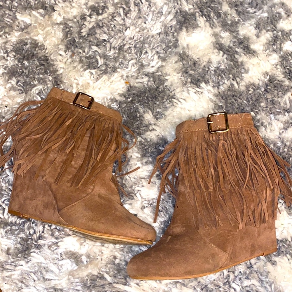 Tan suede fringe booties